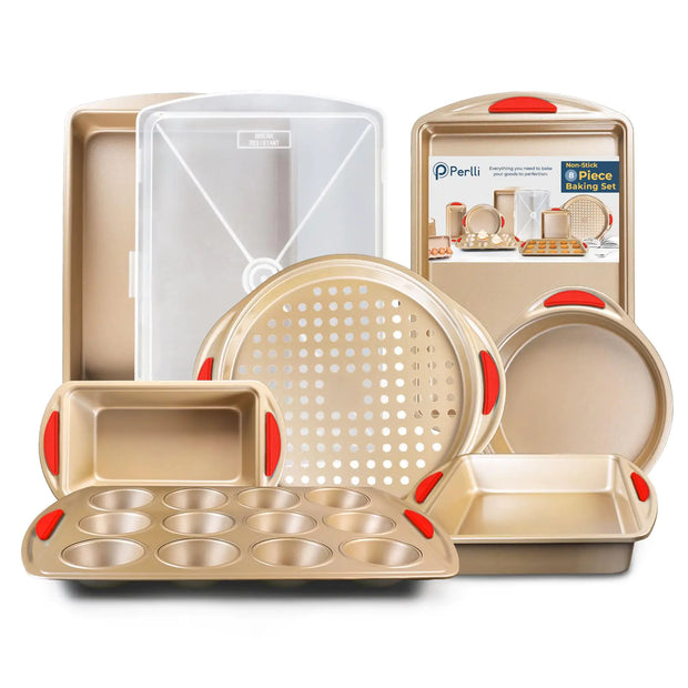 Perlli Baking Pan 8 Piece Set Nonstick Gold Carbon Steel Oven Bakeware Kitchen Set with Silicone Handles Cookie Sheet Roasting Pan Lid Square Pan Round Pan Loaf Pan Pizza Crisper Muffin Pan