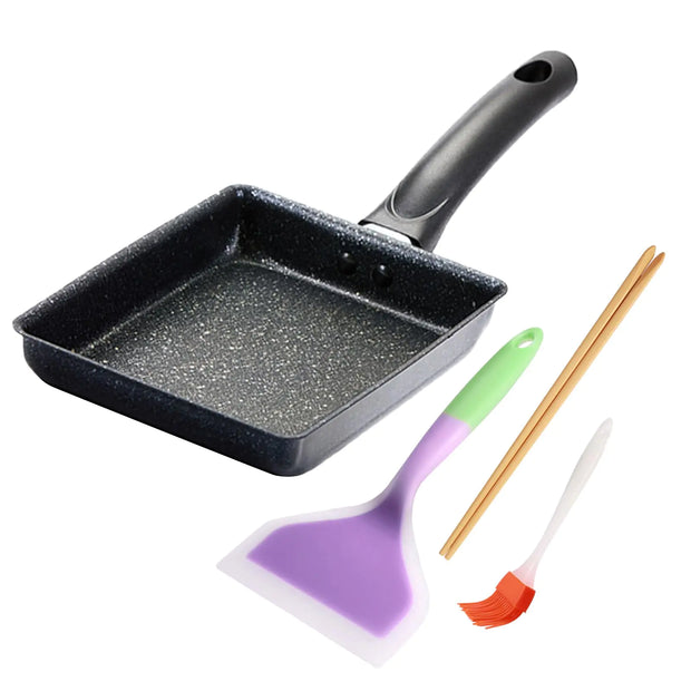 LOQJSS Tamagoyaki Pan Non Stick Japanese Omelette PanCast Iron Rectangle Tamago Pan Small Frying Pan Tamagoyaki Eggs Pan - Omelette Pan - with Silicone Brush Chopsticks & Spetula